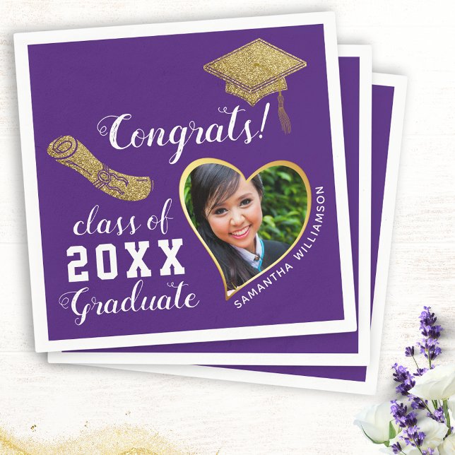 Purple White Gold Class 2026 Grad Photo Graduation Napkins (Creator Uploaded)
