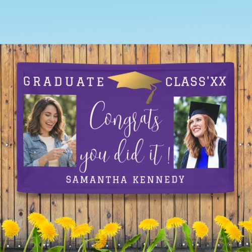 Purple White Gold Congrats 2 Photo Graduation 2026 Banner