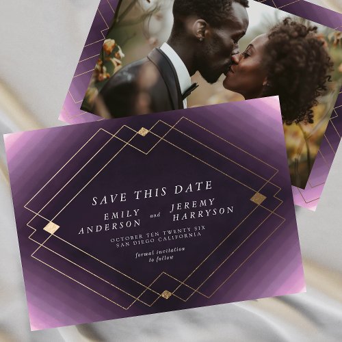 Purple  White  Gold Deco Lines Save The Date Announcement