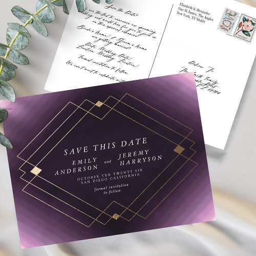 Purple White Gold Deco Lines Save The Date Wedding Postcard