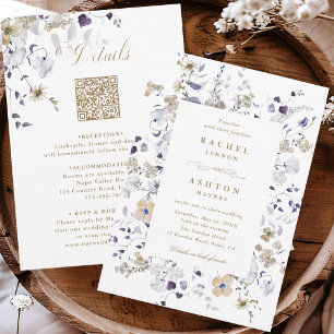 Purple White Gold Floral All in One Wedding Invitation