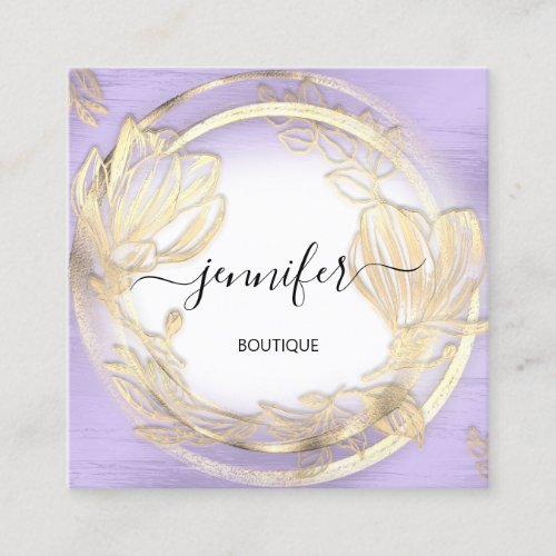 Purple White Gold Floral QRCode Logo  Square Business Card