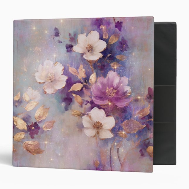 Purple White Gold Flowers 3 Ring Binder (Front/Inside)