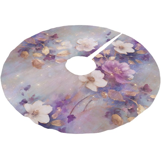 Purple White Gold Flowers Brushed Polyester Tree Skirt (Angled)