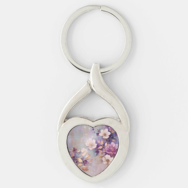 Purple White Gold Flowers Keychain (Front)