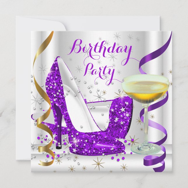 Purple White Gold Glitter High Heels Champagne 4 Invitation (Front)
