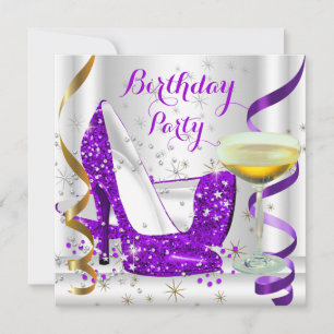 Purple White Gold Glitter High Heels Champagne 4 Invitation