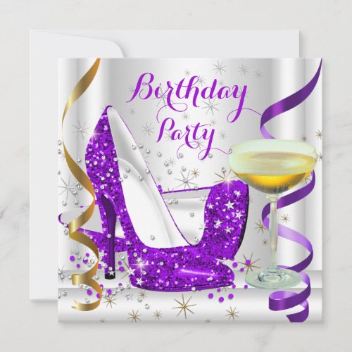 Purple White Gold Glitter High Heels Champagne 4 Invitation