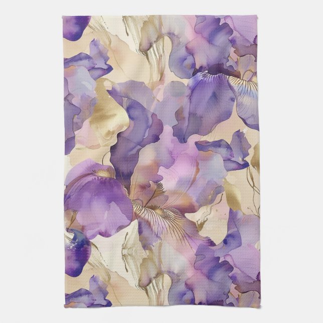Purple White Gold Iris Floral Abstract Kitchen Towel (Vertical)