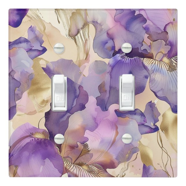Purple White Gold Iris Floral Abstract Light Switch Cover (In Situ)