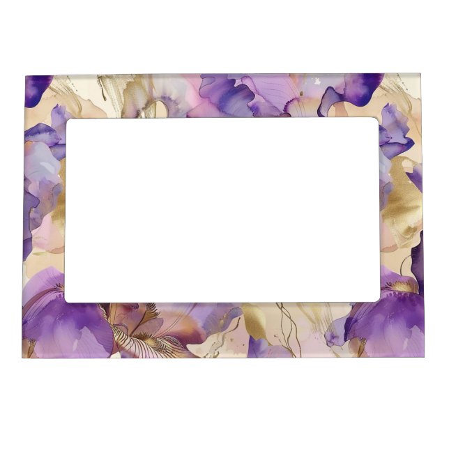 Purple White Gold Iris Floral Abstract Magnetic Frame (Front)