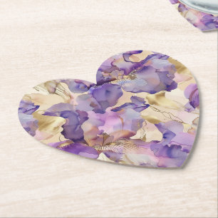 Purple White Gold Iris Floral Abstract Paper Coaster