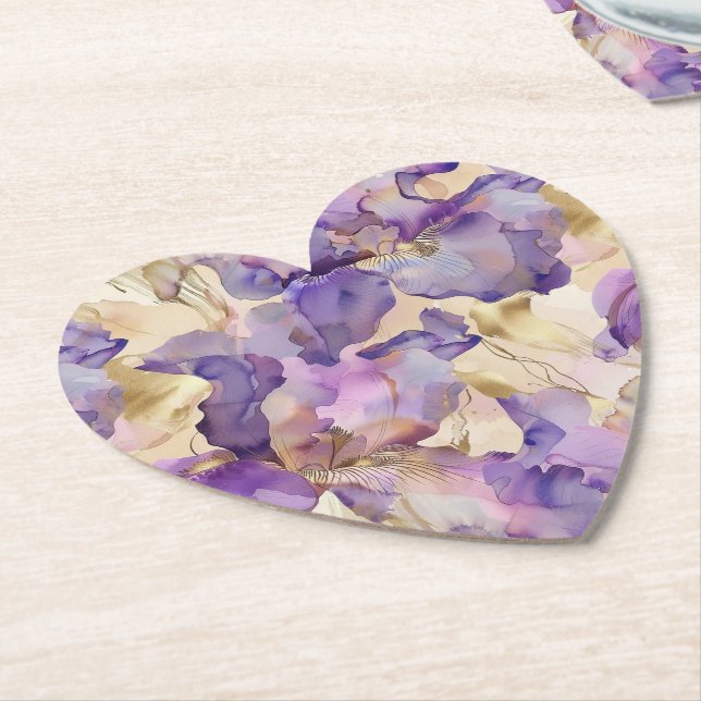 Purple White Gold Iris Floral Abstract Paper Coaster (Angled)