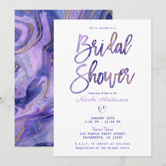 Purple White Gold Marble Chic Glam Bridal Shower Invitation (Front/Back)
