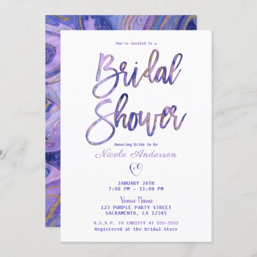 Purple White Gold Marble Chic Glam Bridal Shower Invitation