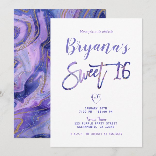Purple White Gold Marble Chic Glam Sweet 16 Party Invitation (Front/Back)