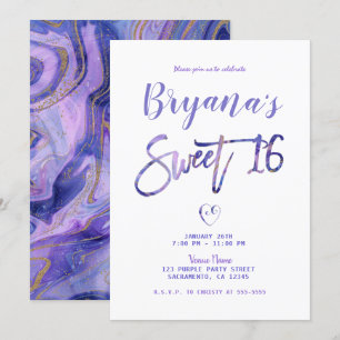 Purple White Gold Marble Chic Glam Sweet 16 Party Invitation