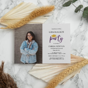 Purple white Gold Photo Graduation Party Invitation
