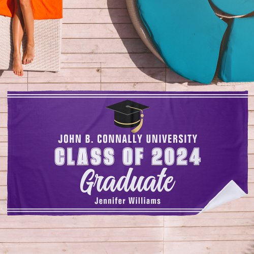 Purple White Graduate 2024 Graduation Keepsake Beach Towel