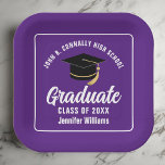 Purple White Graduate 2024 Graduation Party Square Paper Plates<br><div class="desc">This modern purple and white custom graduation party paper plate features classy typography of your high school or college name for the class of 2024. Customize with your graduating year under the chic handwritten script and black grad cap for great personalized graduate decor.</div>