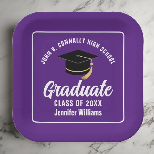 Purple White Graduate 2024 Graduation Party Square Paper Plates