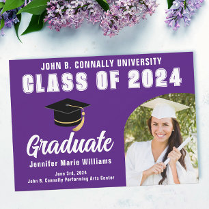 Purple White Graduate Bold Graduation Photo Announcement