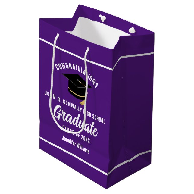 Purple White Graduate Custom 2025 Graduation Party Medium Gift Bag (Front Angled)