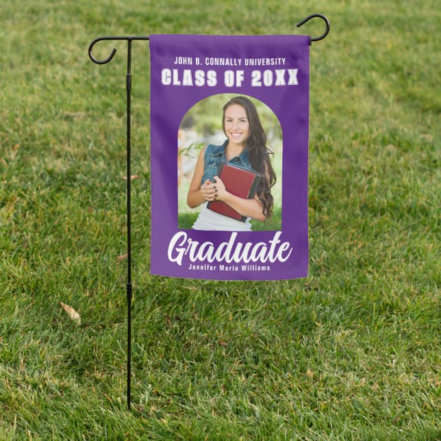 Purple White Graduate Photo Arch Modern Graduation Garden Flag (In SItu)
