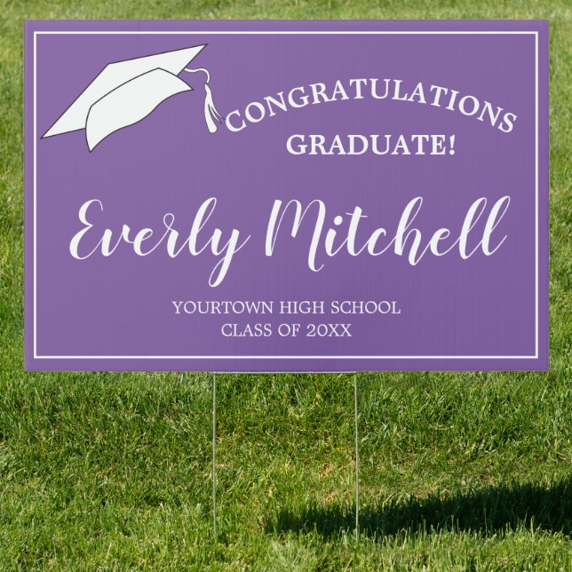 Purple White Graduation Cap Congratulations Sign (Insitu)