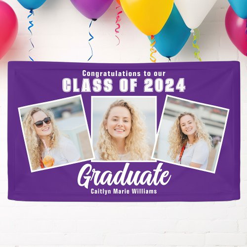 Purple White Graduation Photo Collage 2024 Party Banner