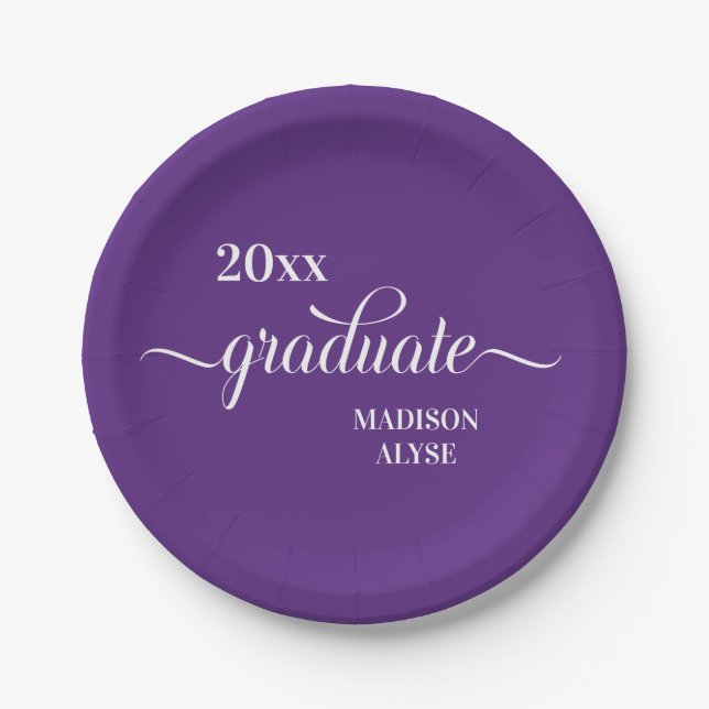 Purple White Graduation Year Name Paper Plates (Front)