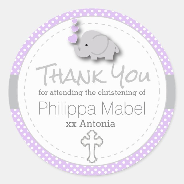 Purple, White, Gray 🐘 Elephant Baby Christening Classic Round Sticker (Front)