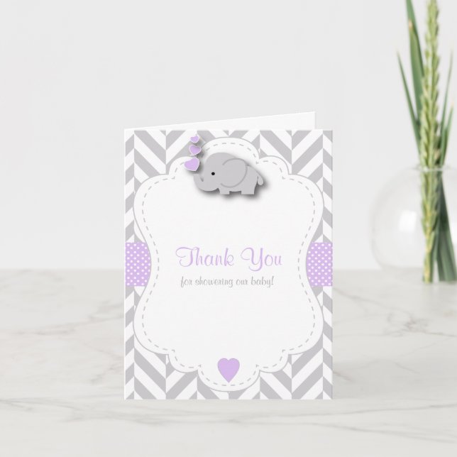 Purple, White Gray Elephant Baby Shower Thank You Card (Front)