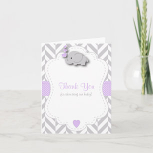 Purple, White Gray Elephant Baby Shower Thank You Card