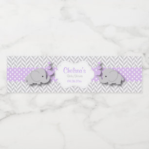 Purple, White Gray Elephant Baby Shower Water Bottle Label