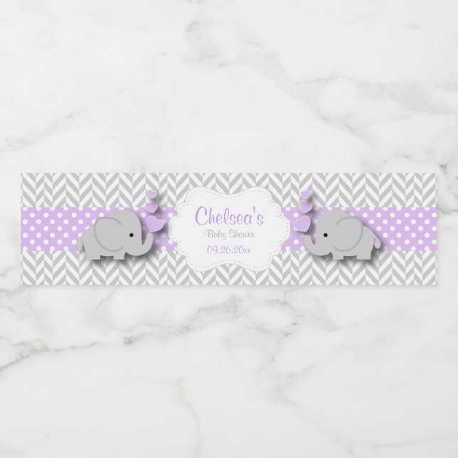 Purple, White Gray Elephant Baby Shower Water Bottle Label (Single Label)