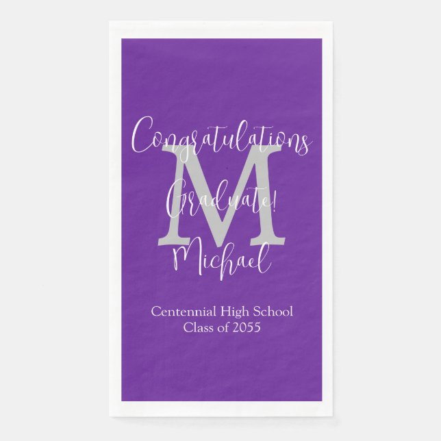 Purple White Gray Monogrammed Graduation Grad  Paper Guest Towels (Front)