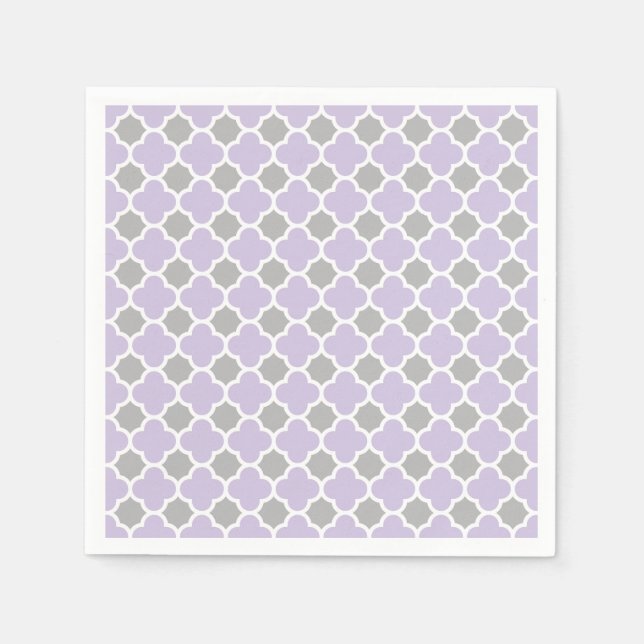 Purple White Gray Quatrefoil Pattern Paper Napkins (Front)