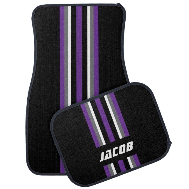 Purple, White, Gray Race Stripes on Black Car Floor Mat (Set)