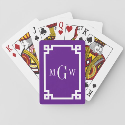 Purple White Greek Key 2 Framed 3 Init Monogram Playing Cards