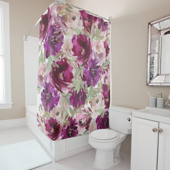 Purple White Green Botanical Floral Shower Curtain (In Situ)