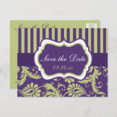 Purple, White, Green Damask Save the Date Card (Front/Back)