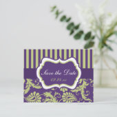 Purple, White, Green Damask Save the Date Card (Standing Front)