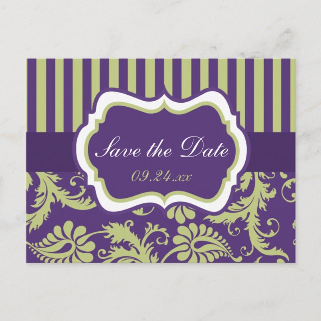 Purple, White, Green Damask Save the Date Card (Front)
