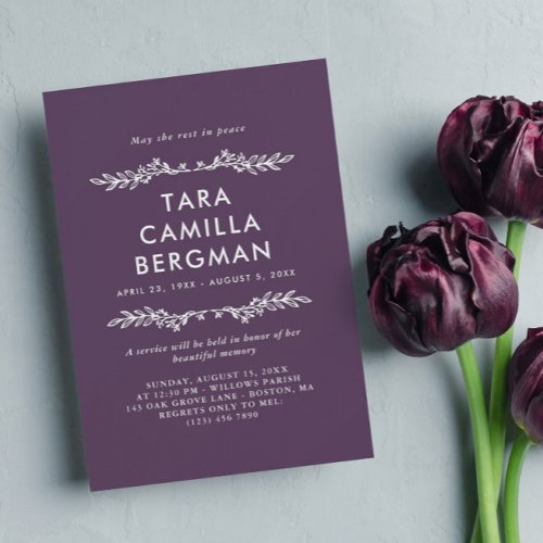 Purple White Greenery Rest In Peace Memorial Invitation