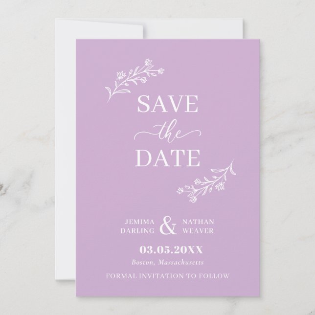 Purple White Hand-Drawn Floral Twigs Save The Date (Front)