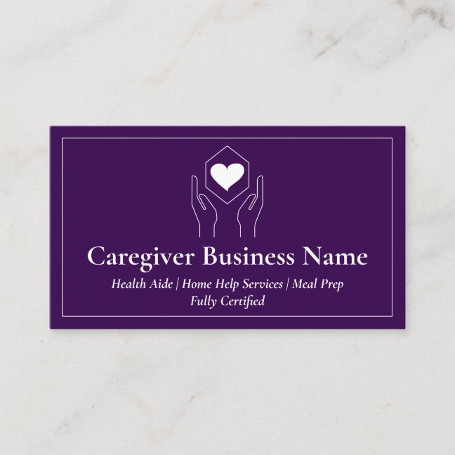 Purple White Hand Heart Minimal Caregiver Business Card