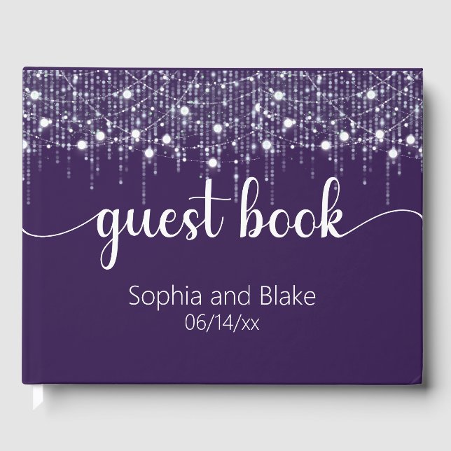 Purple & White Hanging Lights Wedding Guest Book (Front)