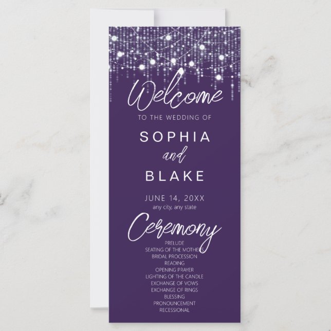 Purple & White Hanging Lights Wedding Program (Front)