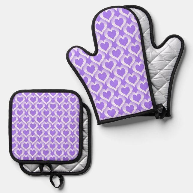 Purple White Hearts Pattern Oven Mitt & Pot Holder Set (Front/Back)